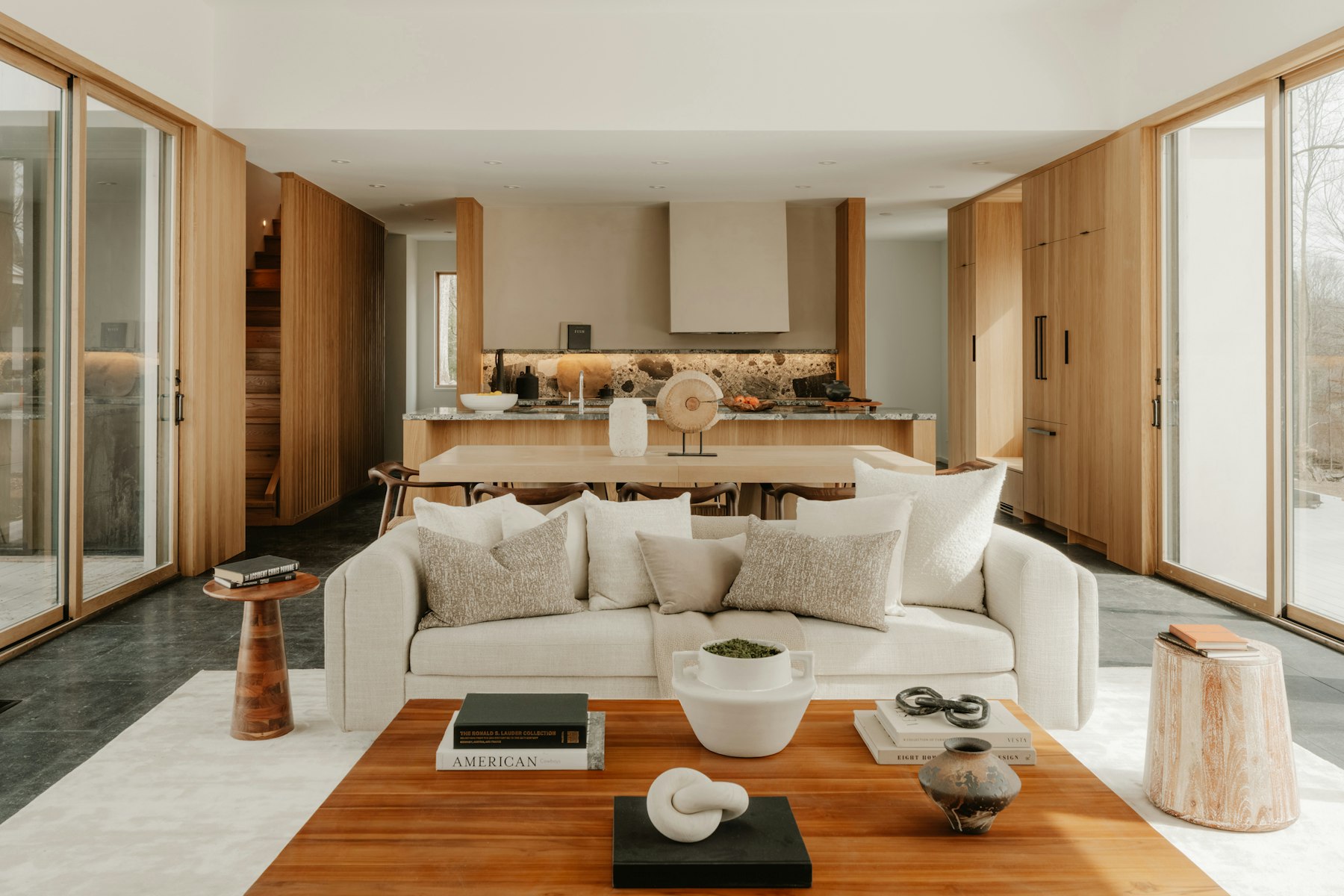 Bright, modern living room with natural wood accents